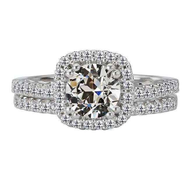 Halo Wedding Ring Set Round Old Mine Cut Real Natural Earth Mined Diamond 14K Gold 6 Carats
