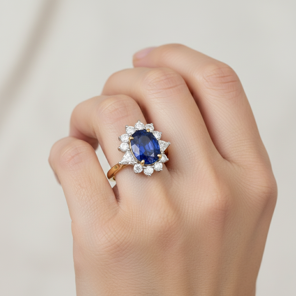 Halo Natural Earth Mined Diamond Ceylon Sapphire Ring 4.25 Carats Two Tone Sunburst Style