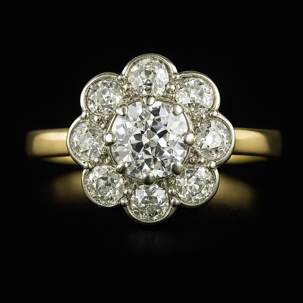 Halo Old Mine Cut Real Natural Earth Mined Diamond Ring Two Tone Flower Style Jewellery 3 Carats