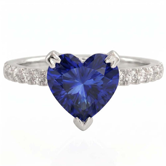 Heart And Round Cut 2.30 Ct Blue Sapphire Natural Earth Mined DIAMOND ( NOT LAB GROWN )s Ring White Gold 14K