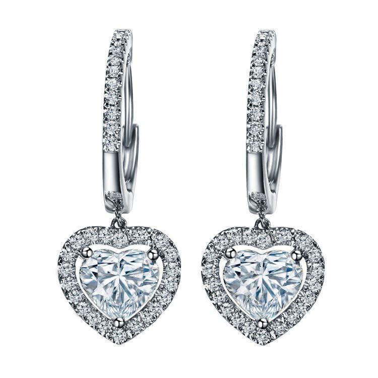 Heart And Round Cut 3.40 Ct Real Diamonds Dangle Earrings Gold White 14K