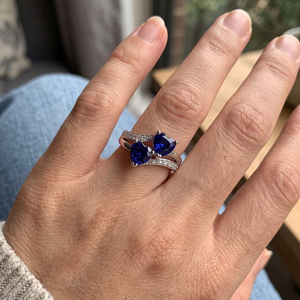 Heart Blue Sapphire Natural Earth Mined Diamond Ring 2 Stone Split Shank 3.50 Carats