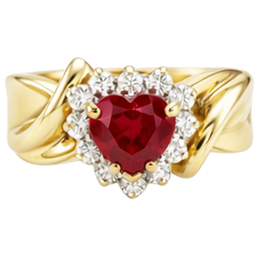 Heart Shaped Red Ruby Natural Earth Mined Diamond Ring 2.15 Carats Yellow Gold 14K