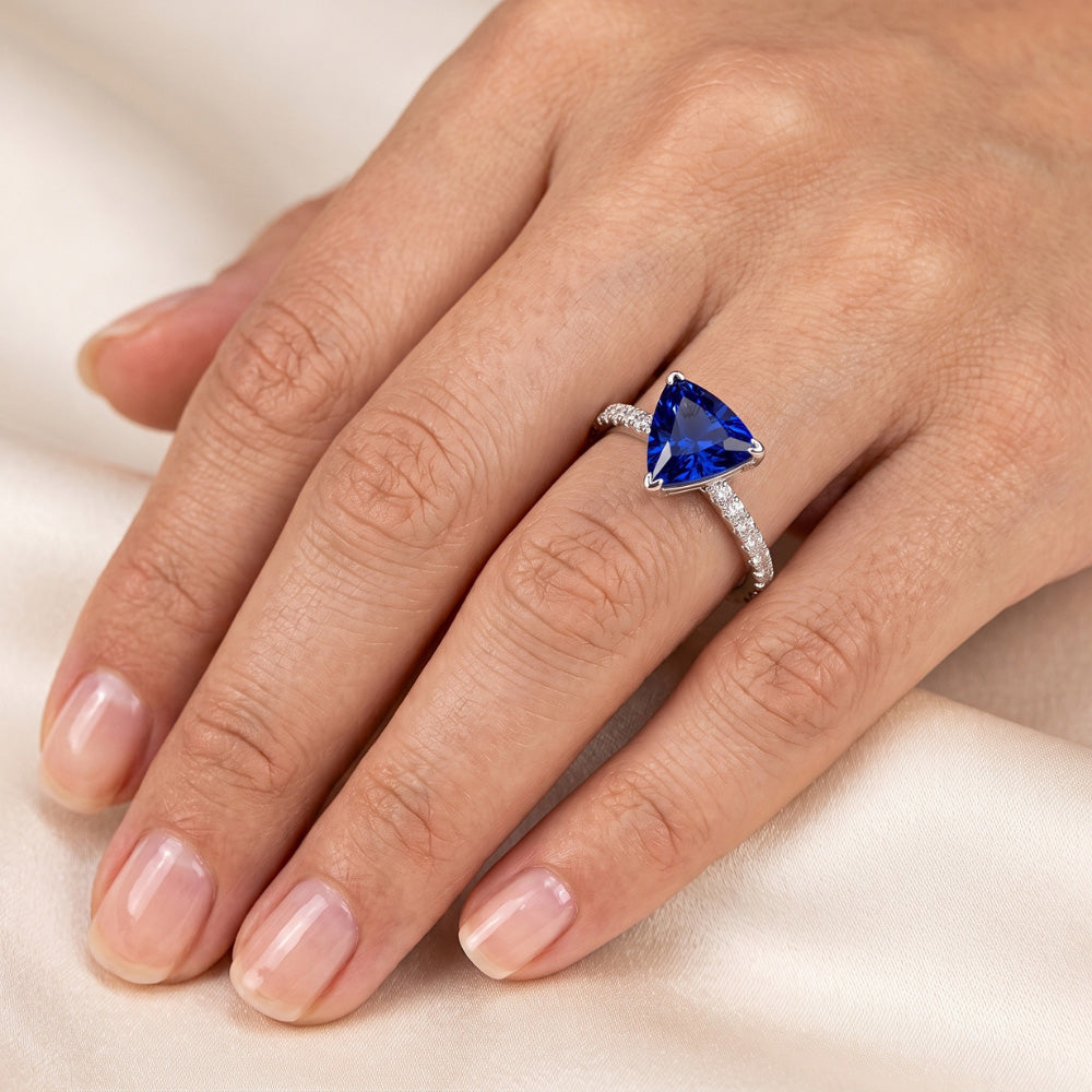 Hidden Halo Ceylon Sapphire Trillion Gemstone Ring Natural Earth Mined Diamond Accented