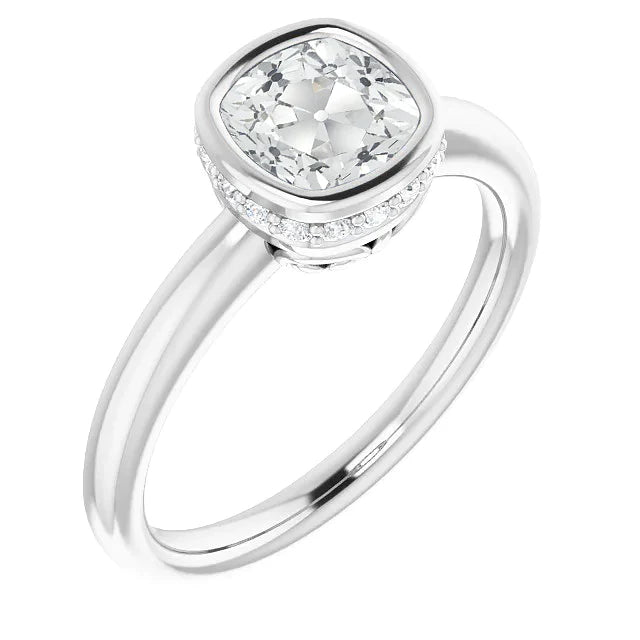 Hidden Halo Wedding Ring Cushion Old Mine Cut Genuine Diamond Bezel Set 5 Ct