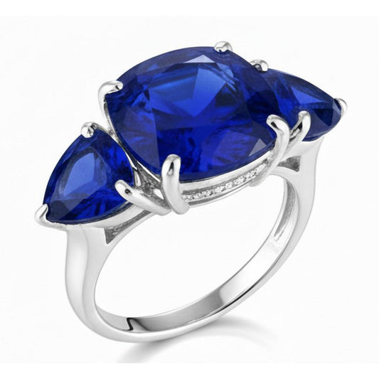 Hidden Halo Cushion & Trillion Ceylon Sapphire Natural Earth Mined DIAMOND ( NOT LAB GROWN ) Ring WG 14K