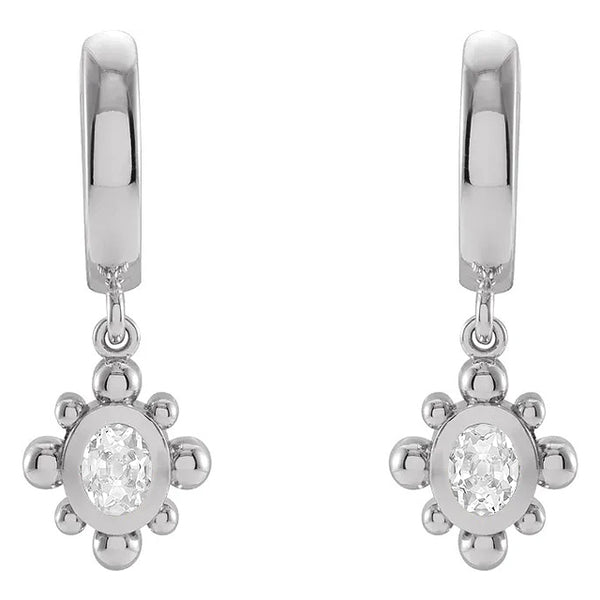 Hoop Drop Earrings Oval Nature Old Mine Cut Diamonds Bezel Set 2 Carats