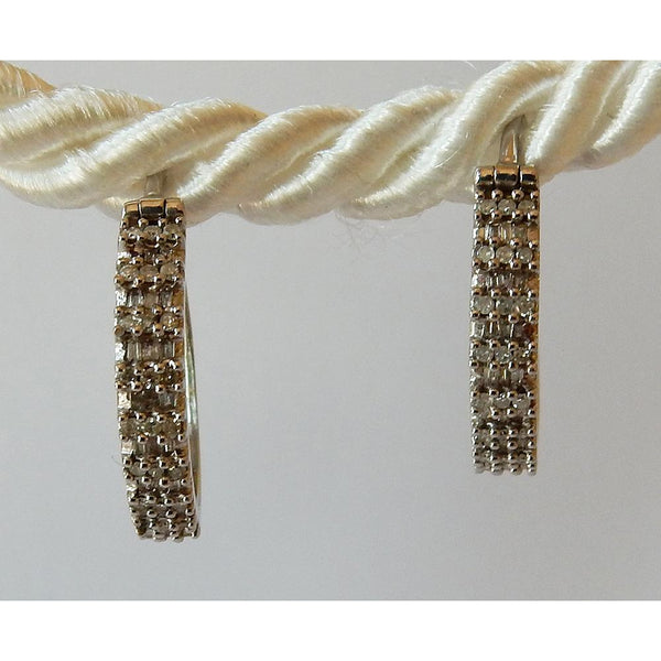 Hoop Earrings Round & Baguettes Real Diamond White Gold 14K 1.50 Carats