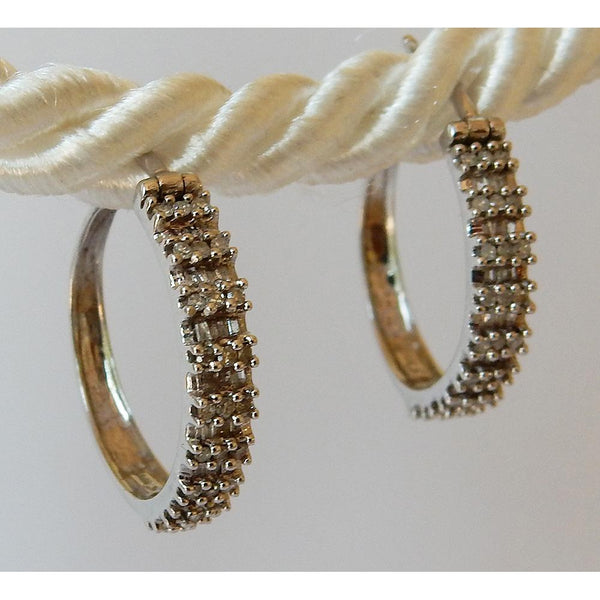 Hoop Earrings Round & Baguettes Real Diamond White Gold 14K 1.50 Carats