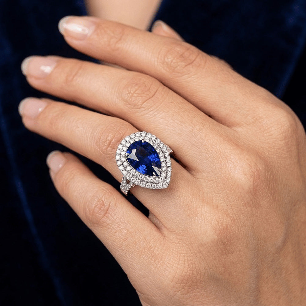 Huge Sapphire Double Halo Ring