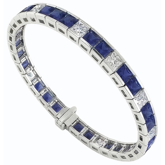 IGI CERTIFIED Blue Sapphire Tennis Bracelet Princess Cut 25 Carats White Gold 14K