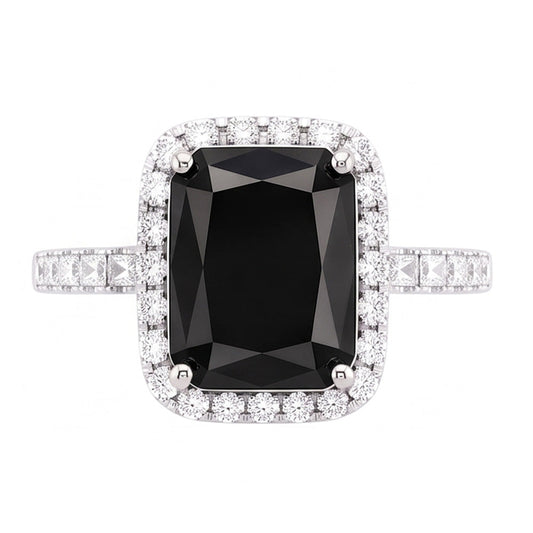 Ladies Black Diamond Ring 7 Carat Natural Radiant Halo 14K White Gold