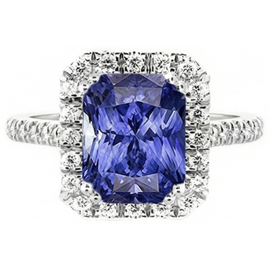 Ladies Halo Deep Blue Sapphire Ring Radiant & Natural Earth Mined Diamonds 3.50 Carats