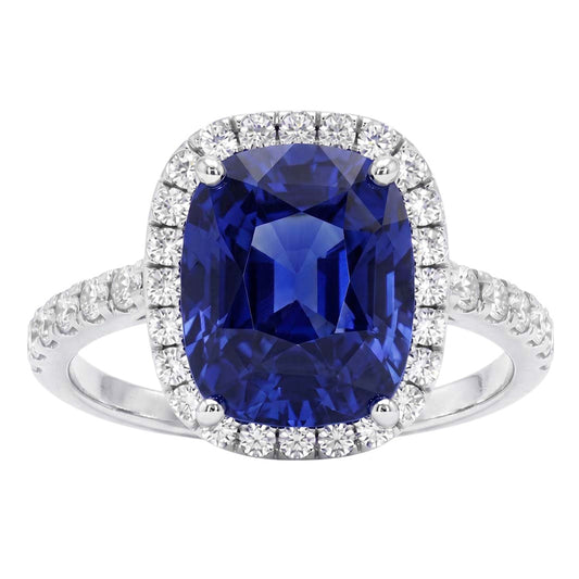 Ladies Halo Natural Earth Mined Diamond Ring Cushion Blue Sapphire Engagement 9.75 Carats