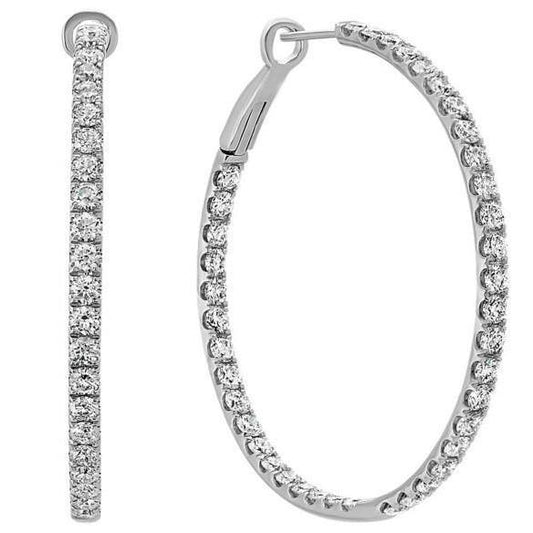 Ladies Hoop Earrings 4 Carats Natural Round Cut Diamonds White Gold 14K