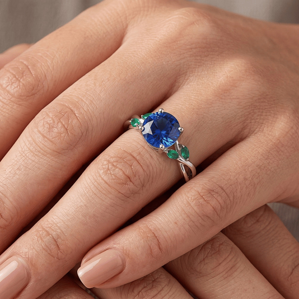 Ladies Natural Blue Sapphire & Emeralds Gemstone Ring 3 Carats