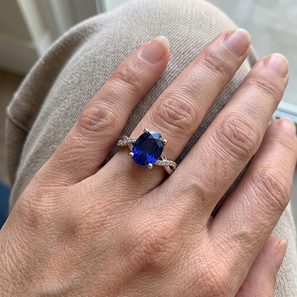 Ladies Natural Earth Mined Diamond Engagement Ring Oval Blue Sapphire & Diamonds 5 Carats