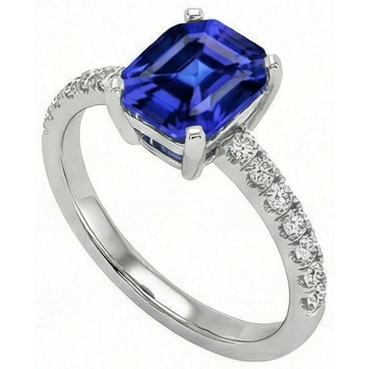 Ladies Natural Earth Mined Diamond Ring Asscher Sri Lankan Sapphire 9.25 Carats Gold
