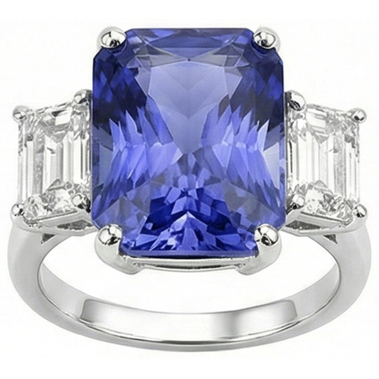 Ladies Radiant 3 Stone Blue Sapphire Ring 7 Carats Emerald IGI CERTIFIED Diamonds