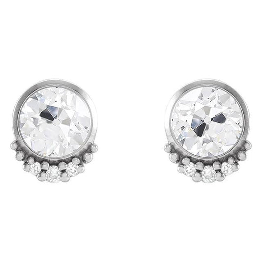 Ladies Stud Earrings Old Cut Real Natural Earth Mined Diamond Bezel Set 5 Carats White Gold 14K