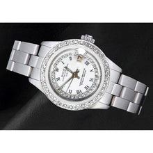 Ladies Date Watch With White String Natural Earth Mined Diamond Dial Bezel Ss Oyster