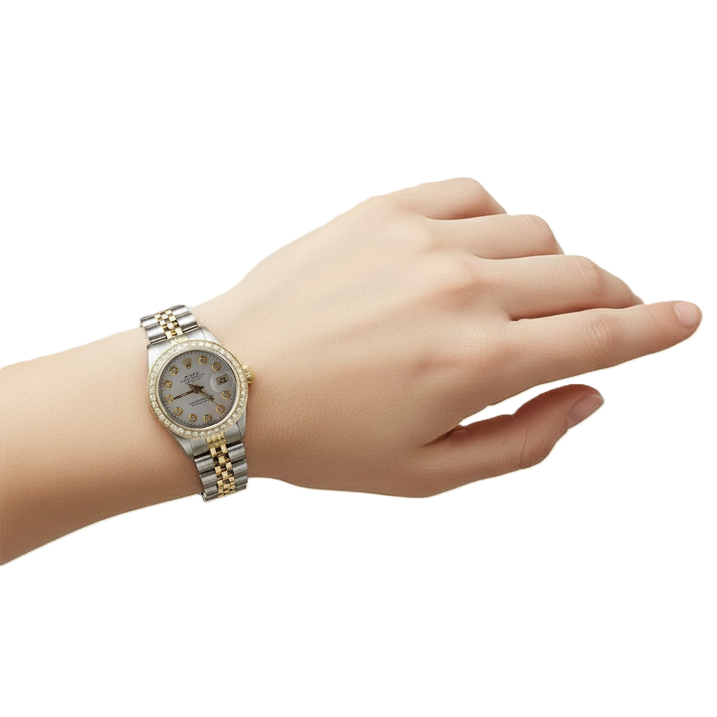 Ladies Rolex Date-Just Watch Natural Earth Mined Diamond White Dial Bezel P2