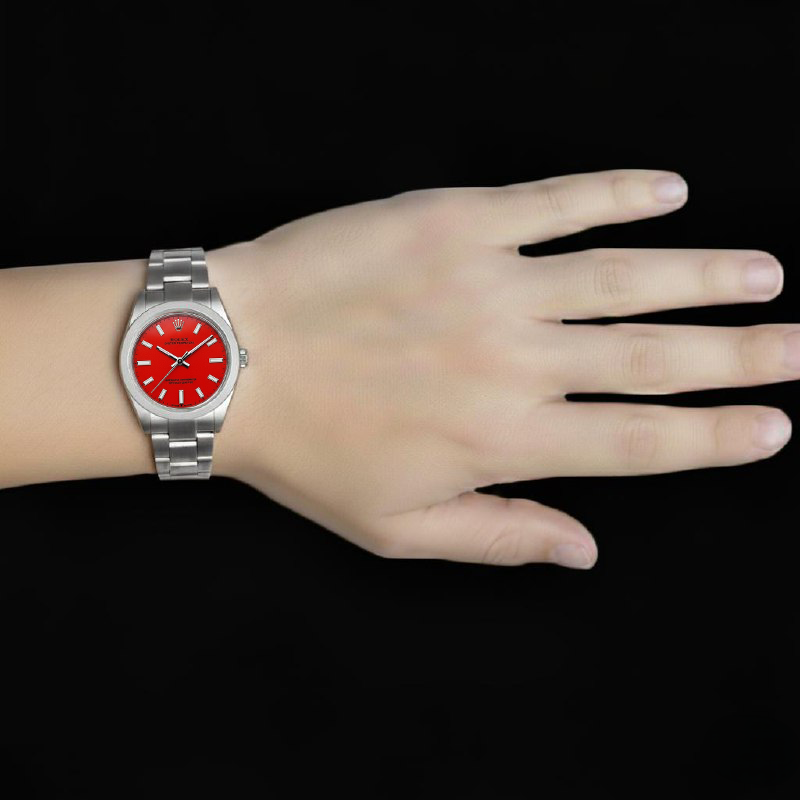 Lady Rolex Oyster Perpetual Coral Red Luminous Dial Steel Watch