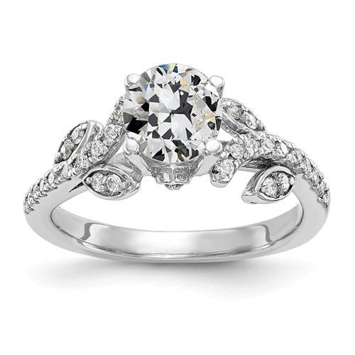 Lady's Ring Round Old Mine Cut Natural Diamond Leaf Style 3 Carats 14K Gold