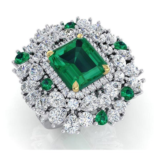 Large Cocktail Ring Unique with Real Green Emerald GIA and Natural Diamonds