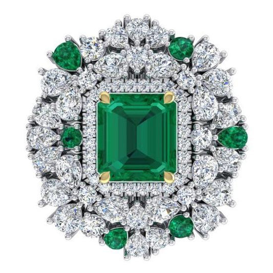 Large Cocktail Ring Unique with Real Green Emerald GIA and Natural Diamonds