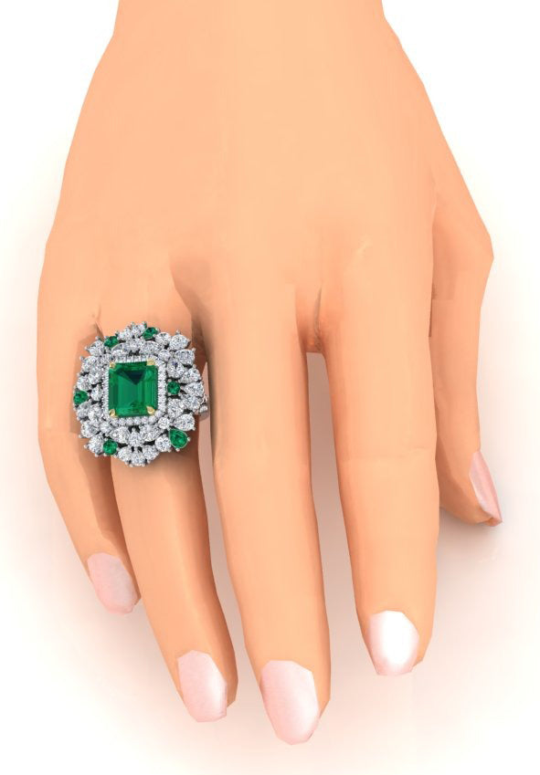 Large Cocktail Ring Unique with Real Green Emerald GIA and Natural Diamonds