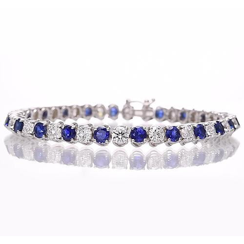 Blue Sapphire & IGI CERTIFIED Diamond Tennis Bracelet 8.40 Carats White Gold 14K
