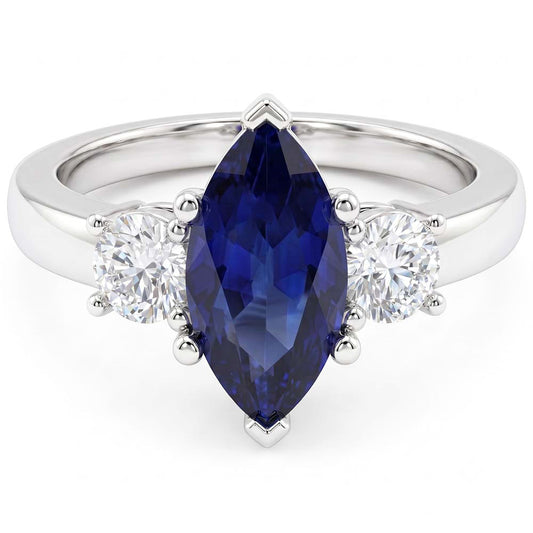 Marquise And Round Cut 2.50 Ct Sapphire And Natural Earth Mined Diamonds Ring White Gold