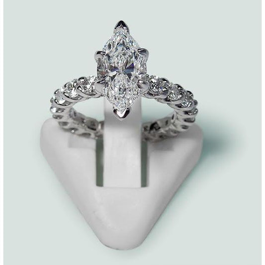 Marquise And Round Diamond Engagement Ring 2.75 Carats White Gold 14K