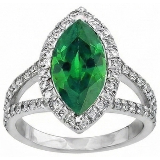 Marquise Cut Green Emerald & Round Natural Earth Mined Diamond 6.50 Carats Anniversary Ring