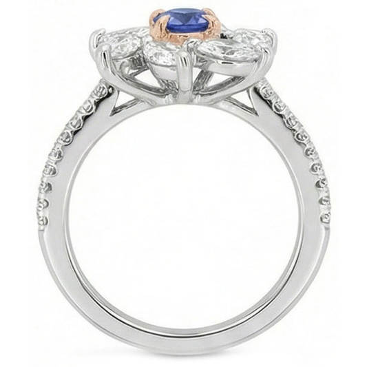Marquise Natural Earth Mined Diamond Round Sapphire Ring Flower Style 2.50 Carats Two Tone