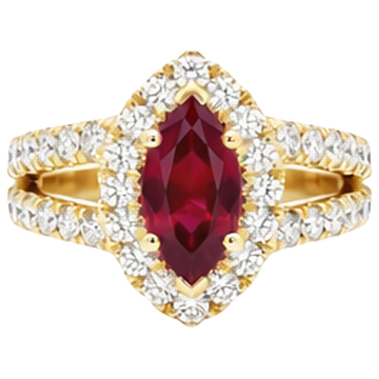 Marquise Red Ruby And Natural Earth Mined Diamond Wedding Ring 3.25 Carats Yellow Gold 14K