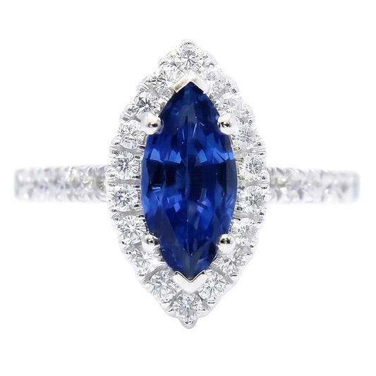 Marquise Shape Sri Lanka Blue Sapphire Round Natural Earth Mined Diamond Ring 2.60 Ct