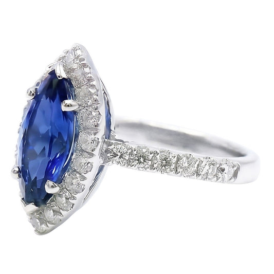 Marquise Shape Sri Lanka Blue Sapphire Round Natural Earth Mined Diamond Ring 2.60 Ct