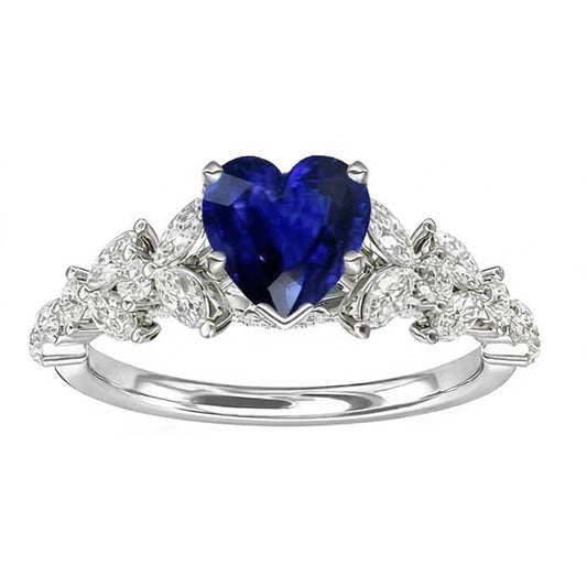 Marquise & Round Natural Earth Mined Diamond Heart Cut Sapphire Ring Leaf Style 3.50 Carats
