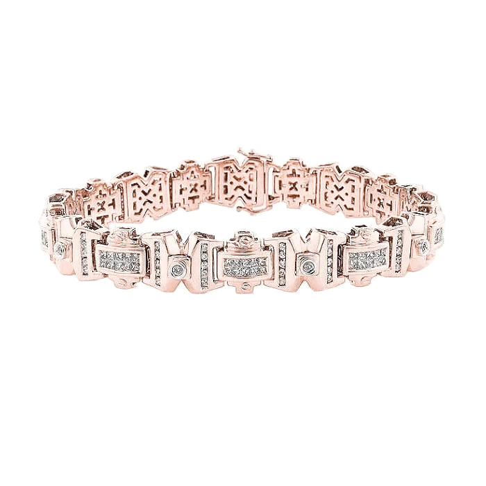 Men Bracelet 14K Rose Gold Princess With Round Real Diamond 9 Carats