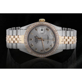 Men Gray Roman Dial Diamond Bezel Datejust Watch Two Tone Rolex-QUICK SET