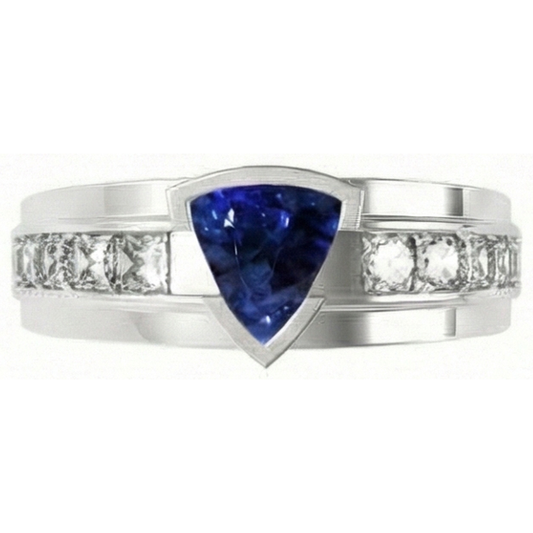 Mens Ring Channel Set Natural Earth Mined Diamond Trillion Half Bezel Blue Sapphire 3 Ct