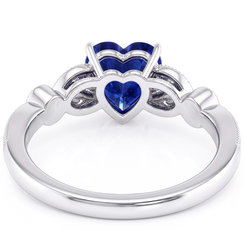 Miligrain Deep Blue Sapphire Ring 3 Carats Round Natural Earth Mined Diamond Leaf Style
