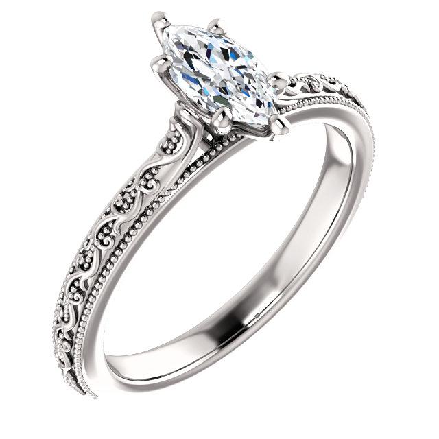 Miligrain Natural Diamond Solitaire Ring Marquise 1.50 Carats White Gold 14K