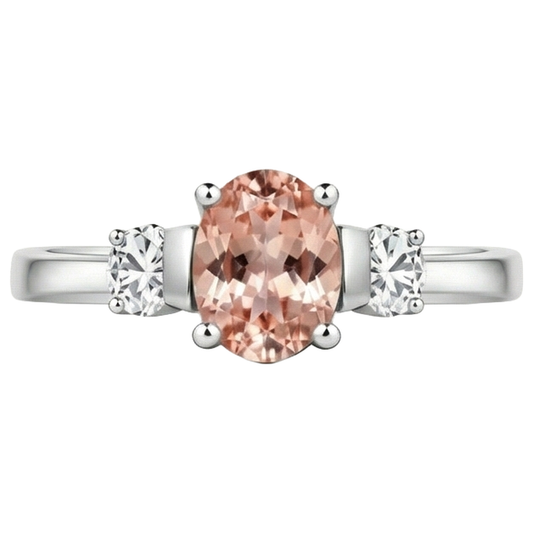 Morganite And Natural Earth Mined Diamonds 9 Carats 3 Stone Wedding Ring White Gold 14K