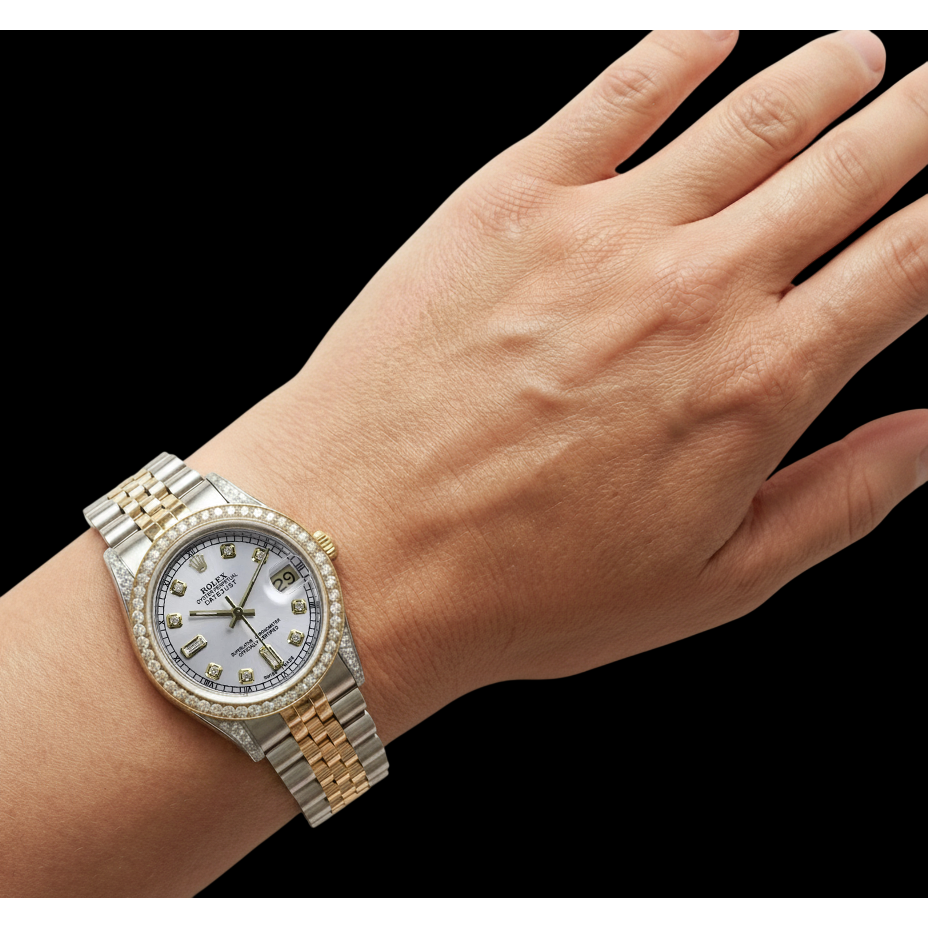 Mother Of Pearl Dial Rolex Dj Watch Custom Natural Earth Mined Diamond Bezel Ss & Gold