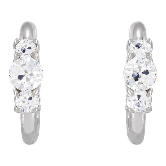 Natural 3 Stone Diamond Open Hoop Earrings 6 Carats Old Cut Gold Jewelry