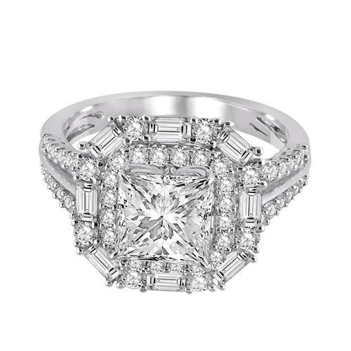 Natural 3.25 Carat Princess Baguette Center Diamond Engagement Ring