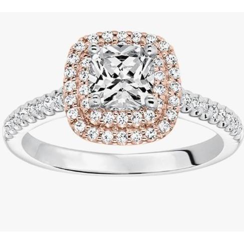 Natural Cushion And Round Cut 2.60 Carats Engagement Ring Two Tone Gold 14K